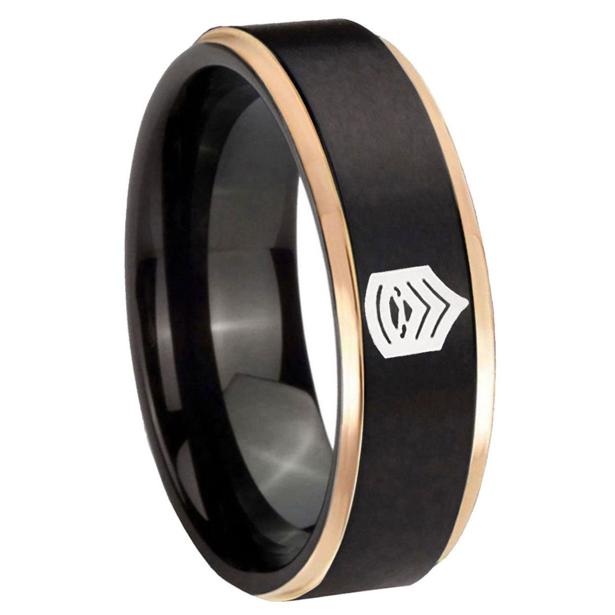 8mm Army Sergeant Major Rose Gold Step Edge Black Tungsten Ring
