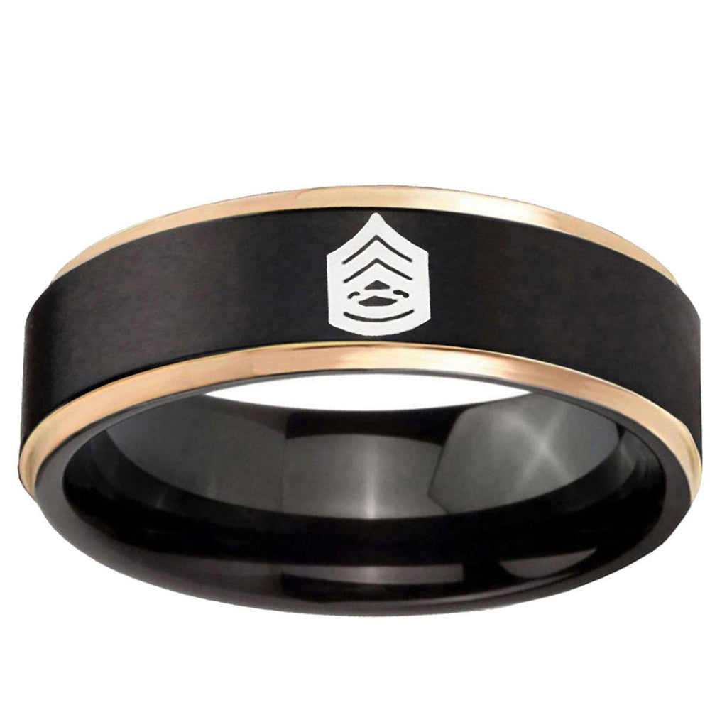 6mm Army Sergeant Major Rose Gold Step Edge Black Tungsten Ring