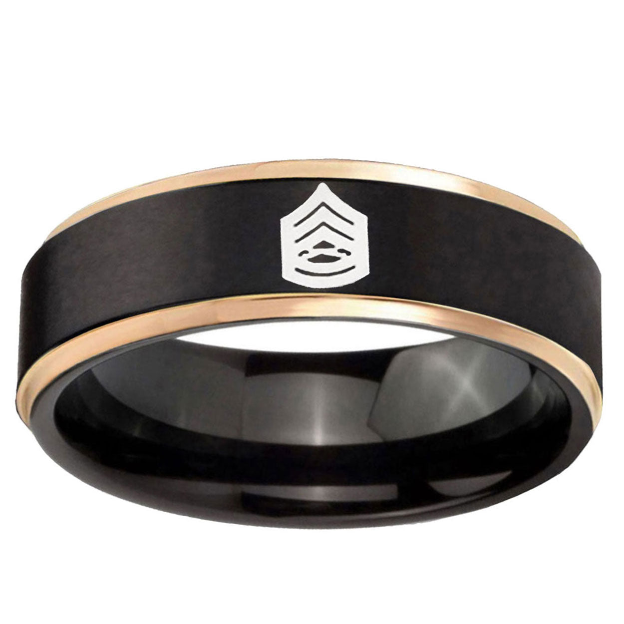 6mm Army Sergeant Major Rose Gold Step Edge Black Tungsten Ring
