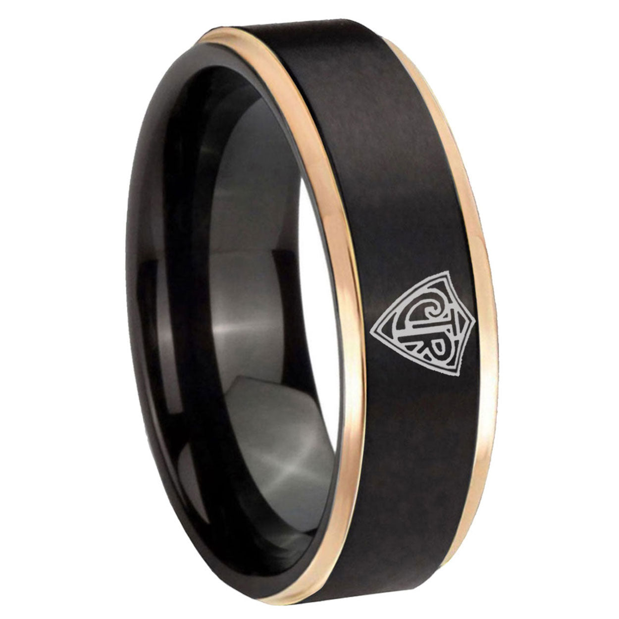 8mm CTR Rose Gold Step Edge Black Tungsten Mens Promise Ring
