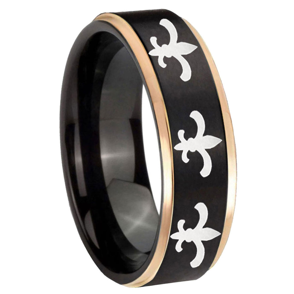 8mm Multiple Fleur-De-Lis Rose Gold Step Edge Black Tungsten Ring