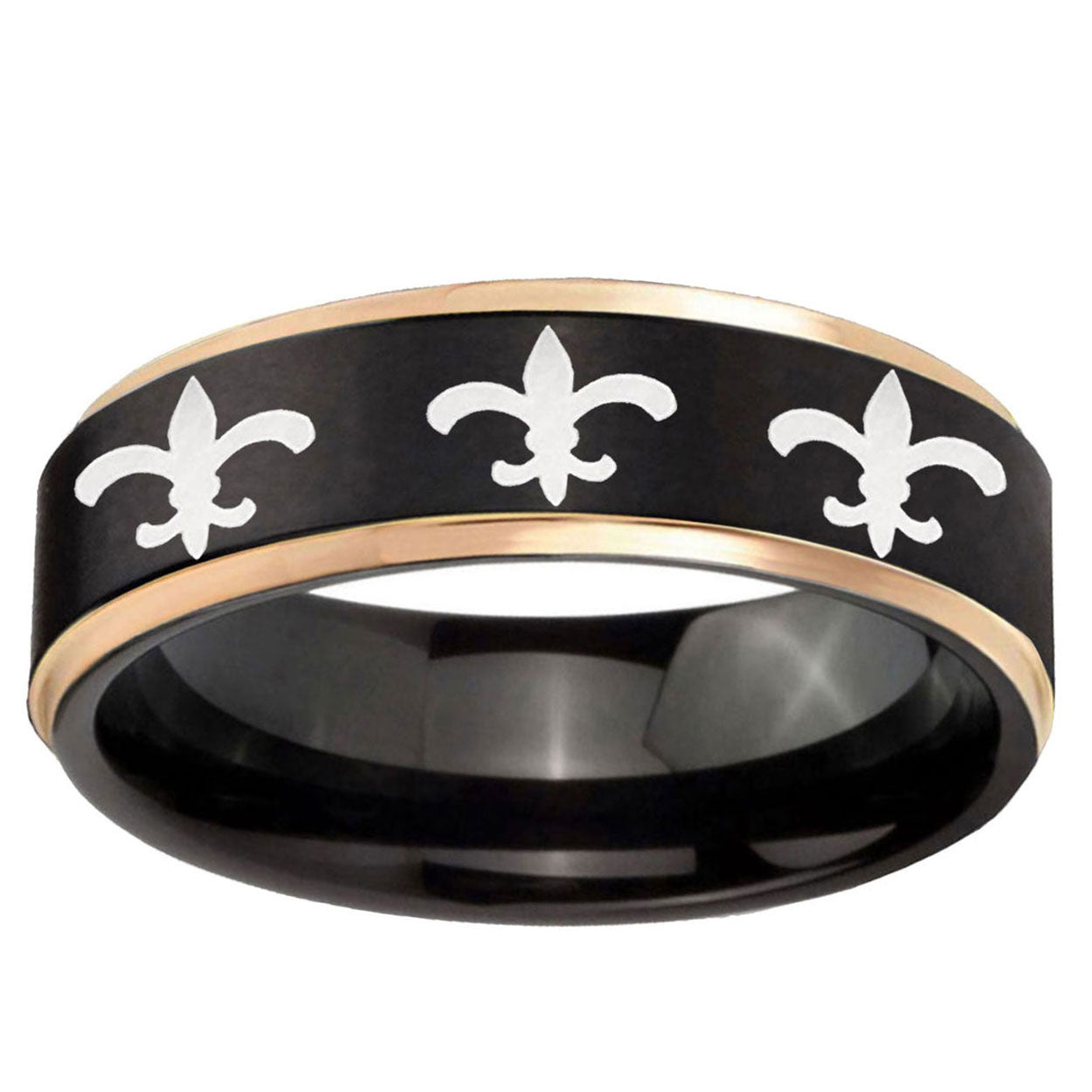 6mm Multiple Fleur-De-Lis Rose Gold Step Edge Black Tungsten Ring