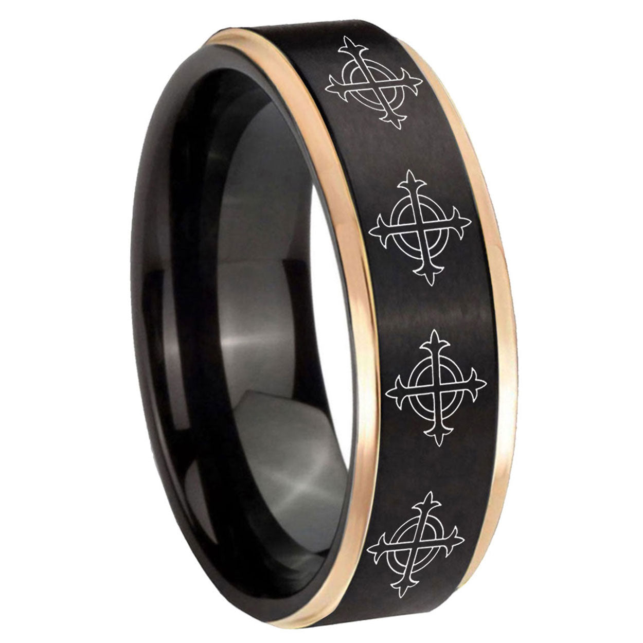 8mm Multiple Crosses Rose Gold Step Edge Black Tungsten Band