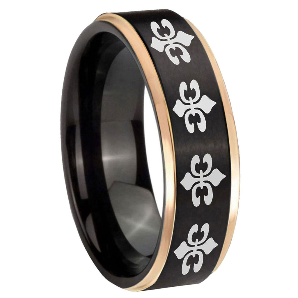 8mm Multiple Fleur-De-Lis Rose Gold Step Edge Black Tungsten Ring