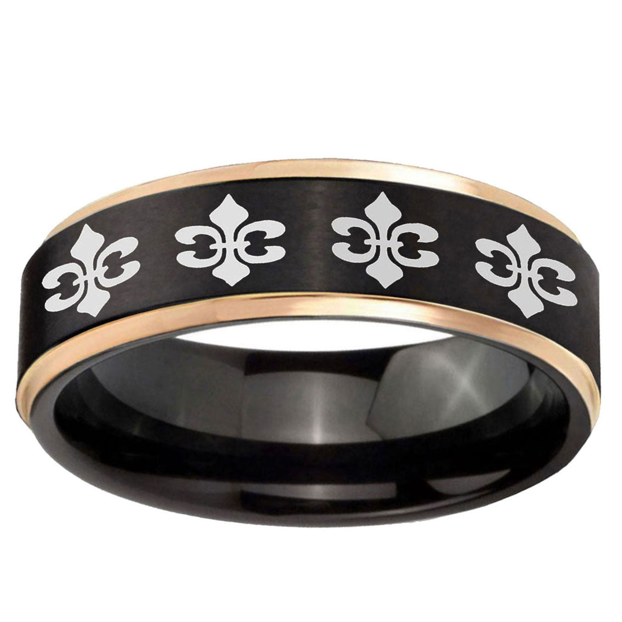 6mm Multiple Fleur-De-Lis Rose Gold Step Edge Black Tungsten Ring