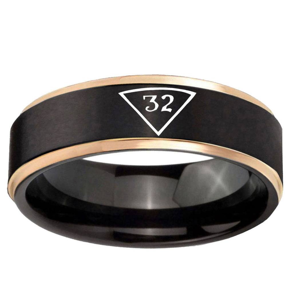 6mm Masonic 32 Triangle Freemason Rose Gold Step Edge Black Tungsten Ring