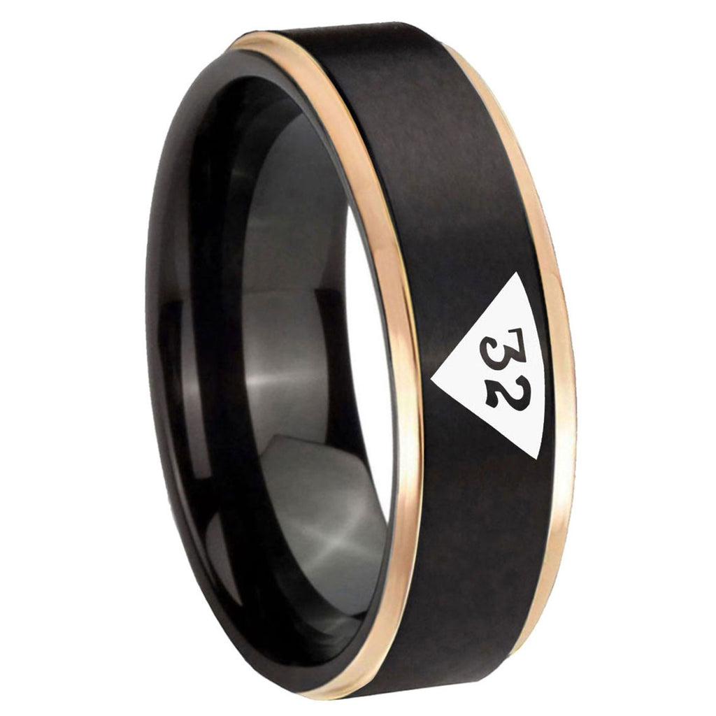 8mm Masonic 32 Triangle Design Freemason Rose Gold Step Edge Black Tungsten Ring