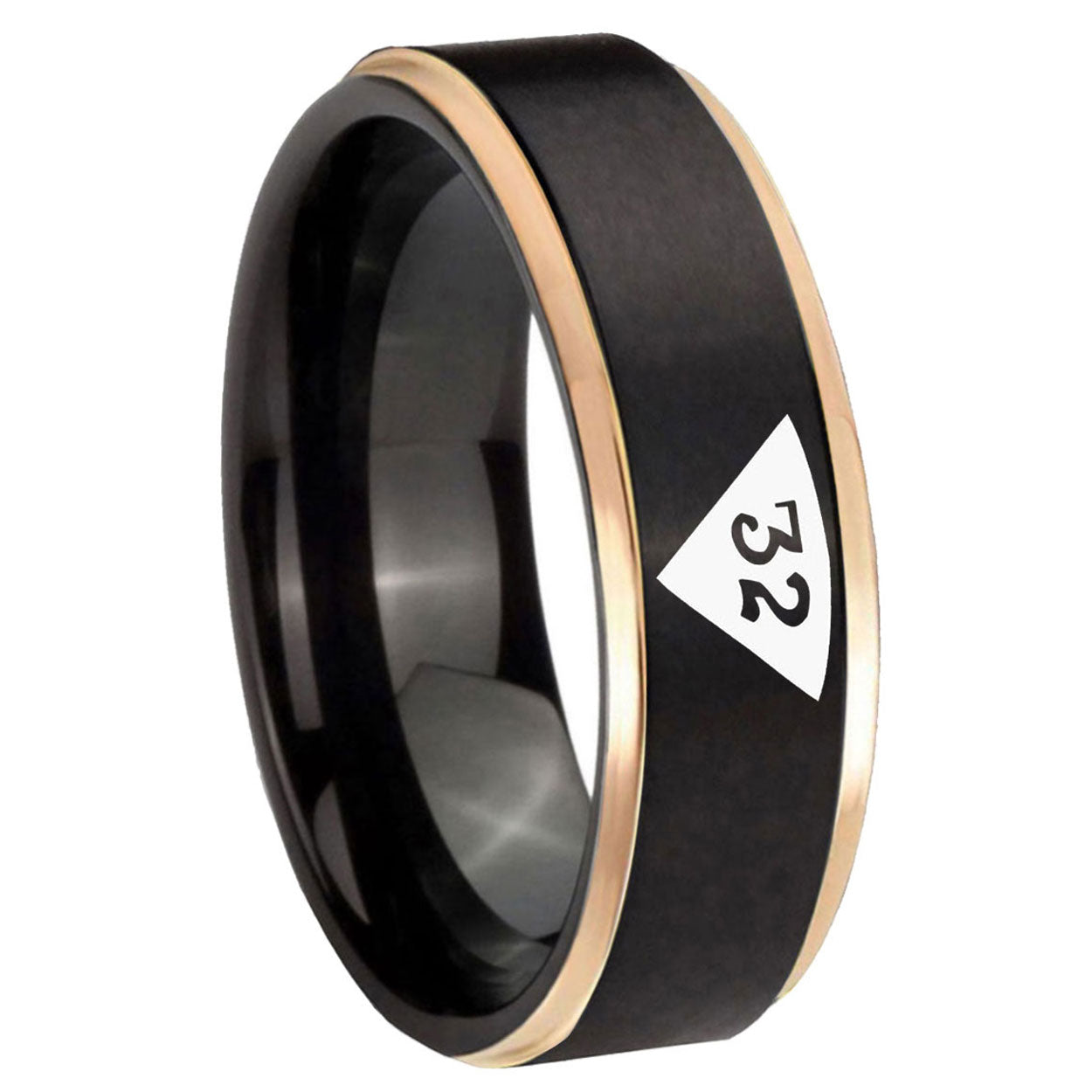 8mm Masonic 32 Triangle Design Freemason Rose Gold Step Edge Black Tungsten Ring