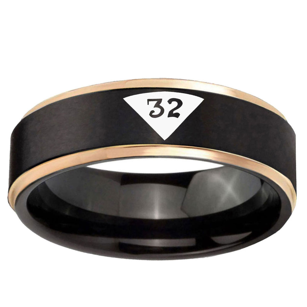 6mm Masonic 32 Triangle Design Freemason Rose Gold Step Edge Black Tungsten Ring