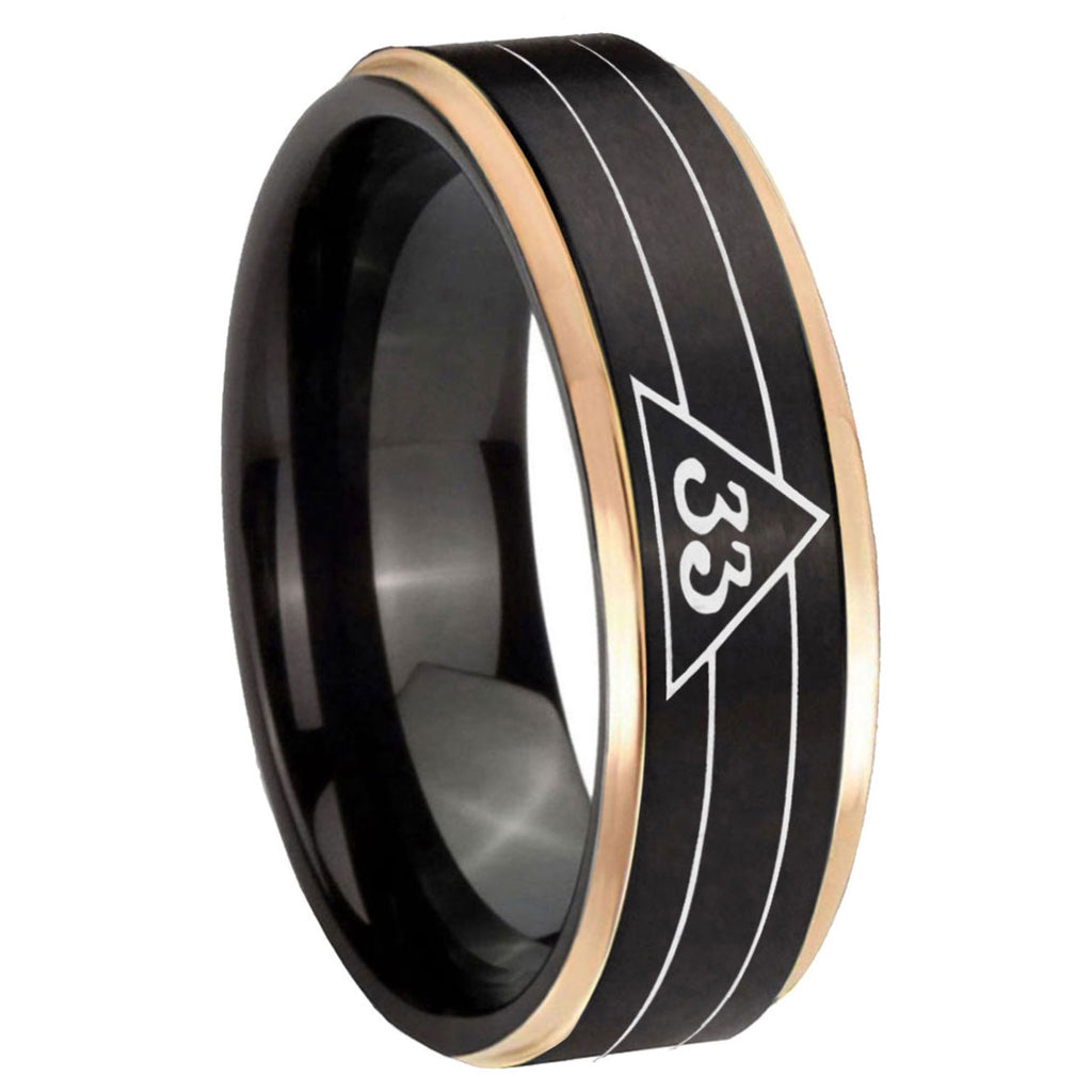 8mm Masonic 32 Duo Line Freemason Rose Gold Step Edge Black Tungsten Ring