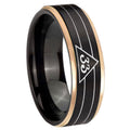 8mm Masonic 32 Duo Line Freemason Rose Gold Step Edge Black Tungsten Ring
