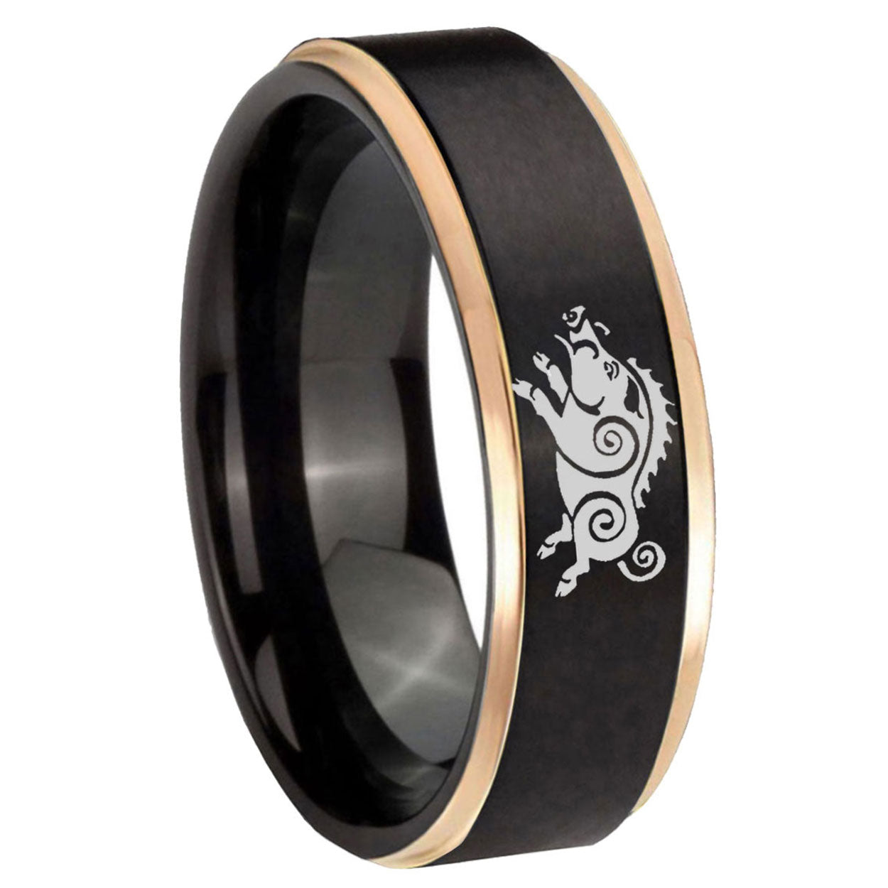 8mm Wild Boar Rose Gold Step Edge Black Tungsten Ring