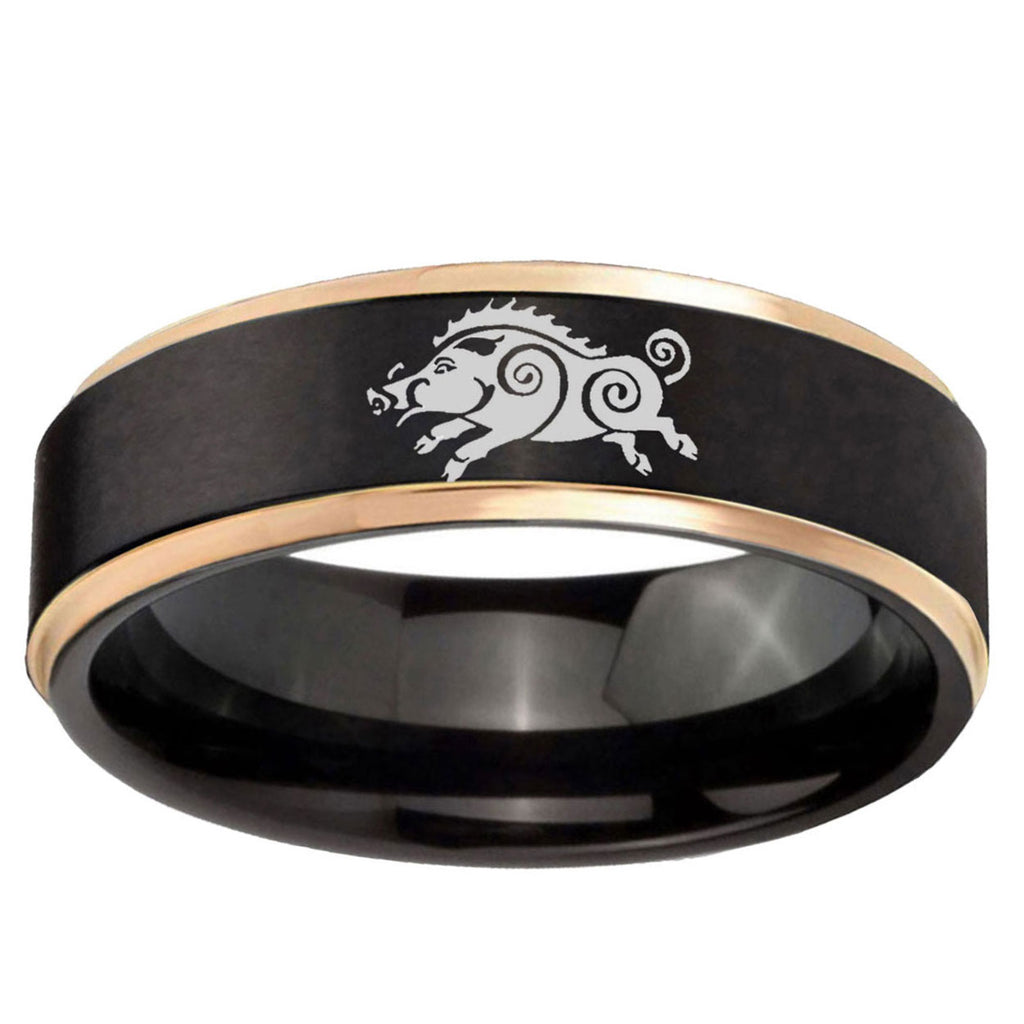 6mm Wild Boar Rose Gold Step Edge Black Tungsten Ring