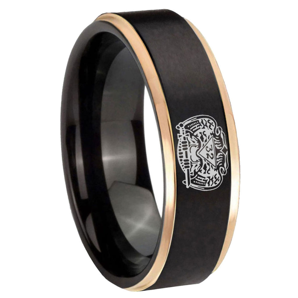 8mm Masonic 32 Degree Freemason Rose Gold Step Edge Black Tungsten Ring