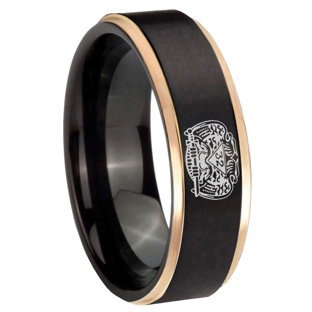 8mm Masonic 32 Degree Freemason Rose Gold Step Edge Black Tungsten Ring