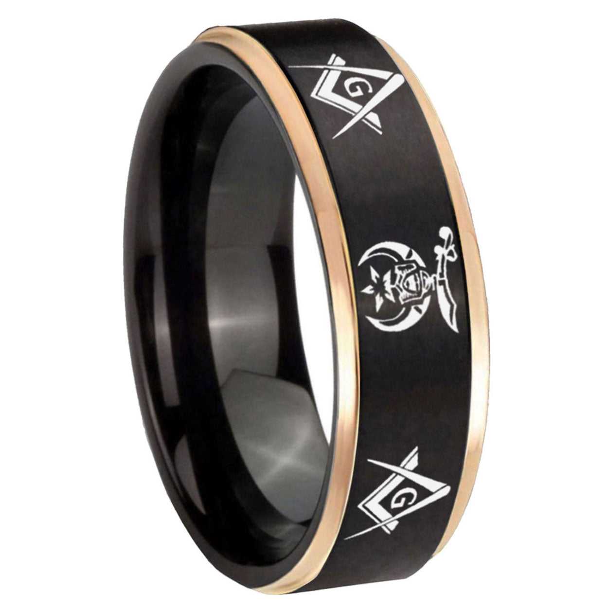 8mm Masonic Shriners Rose Gold Step Edge Black Tungsten Band