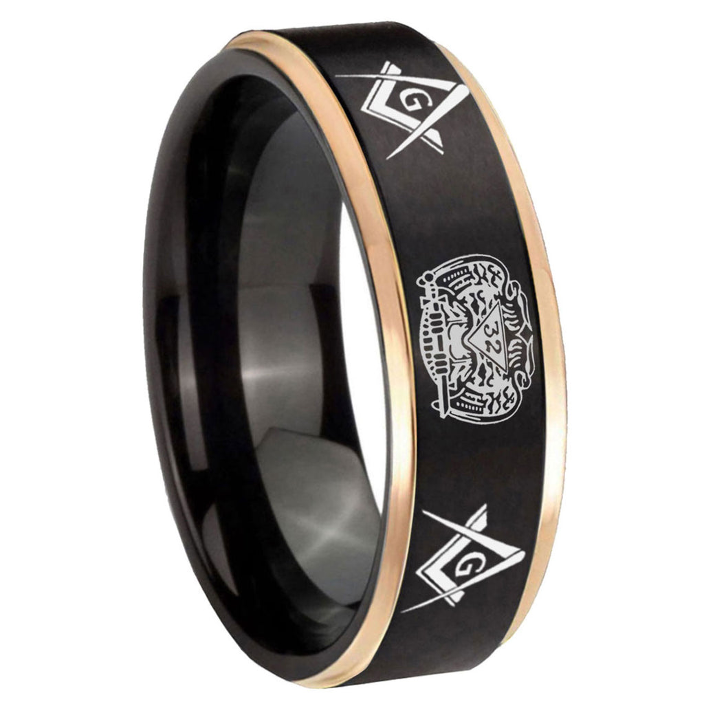 8mm Masonic 32 Design Rose Gold Step Edge Black Tungsten Ring