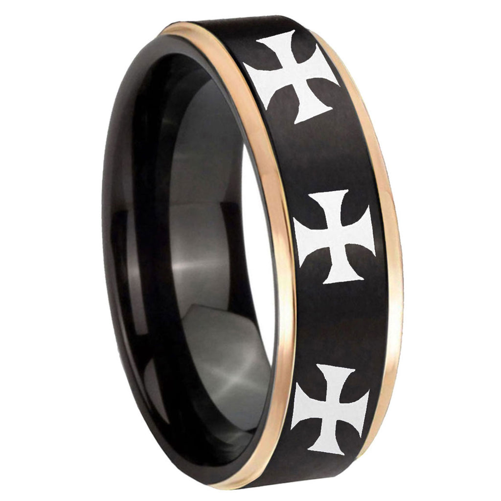 8mm Multiple Maltese Cross Rose Gold Step Edge Black Tungsten Ring