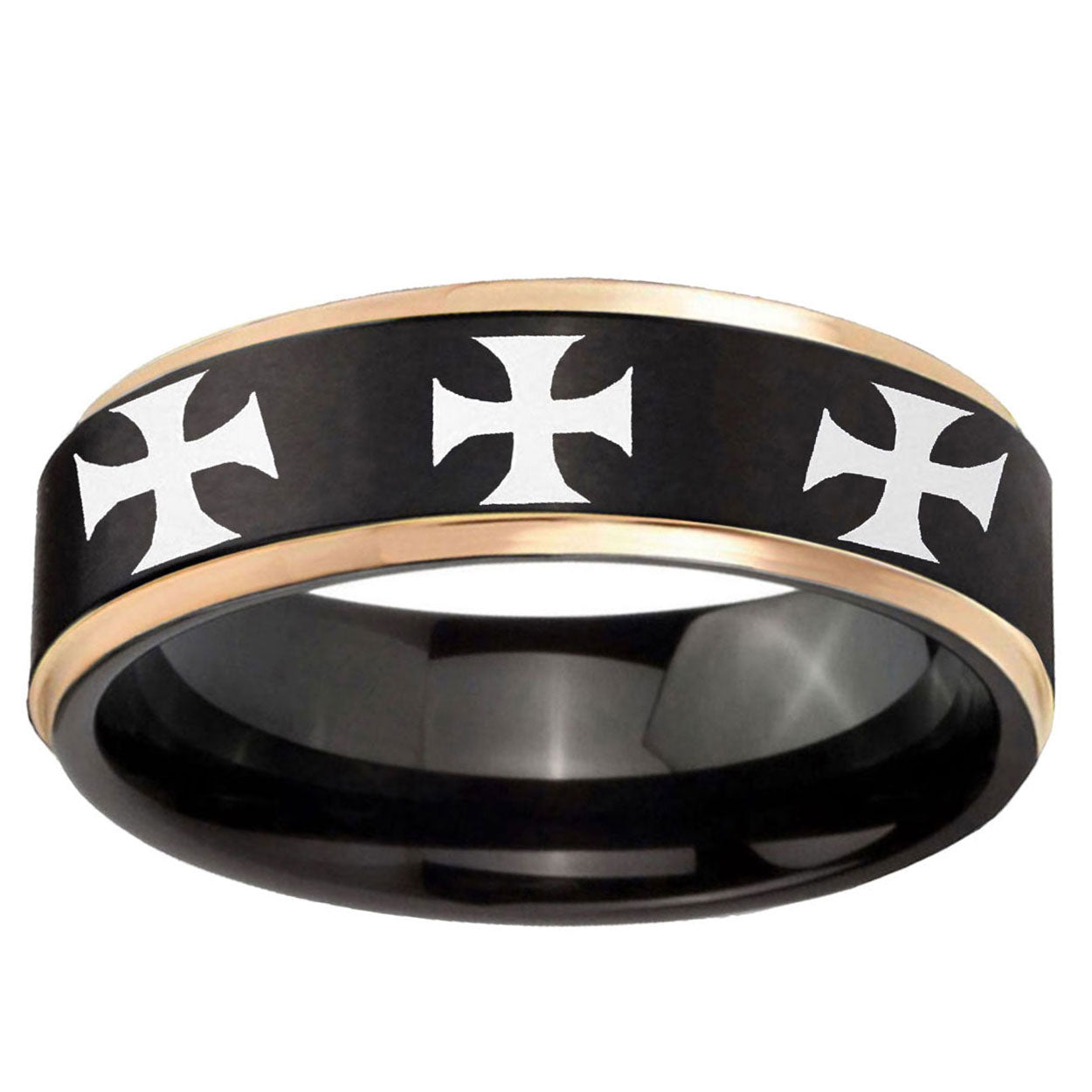 6mm Multiple Maltese Cross Rose Gold Step Edge Black Tungsten Ring