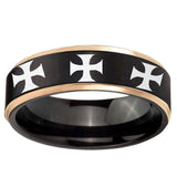 6mm Multiple Maltese Cross Rose Gold Step Edge Black Tungsten Men's Wedding Ring