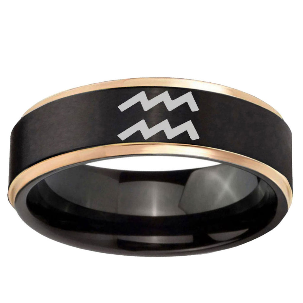 6mm Aquarius Horoscope Rose Gold Step Edge Black Tungsten Ring