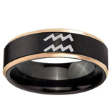 6mm Aquarius Horoscope Rose Gold Step Edge Black Tungsten Wedding Band Men's
