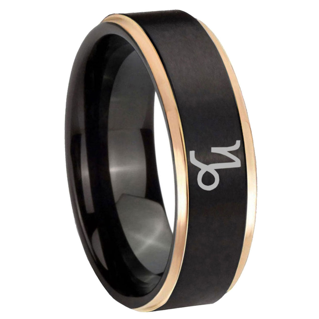 8mm Capricorn Zodiac Rose Gold Step Edge Black Tungsten Ring