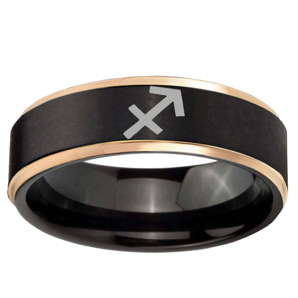 6mm Sagittarius Zodiac Rose Gold Step Edge Black Tungsten Ring