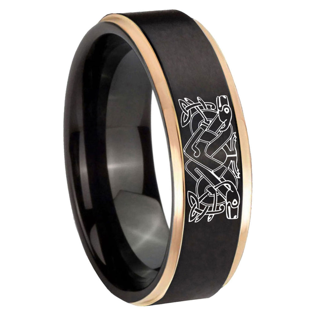 8mm Celtic Dog Rose Gold Step Edge Black Tungsten Mens Ring