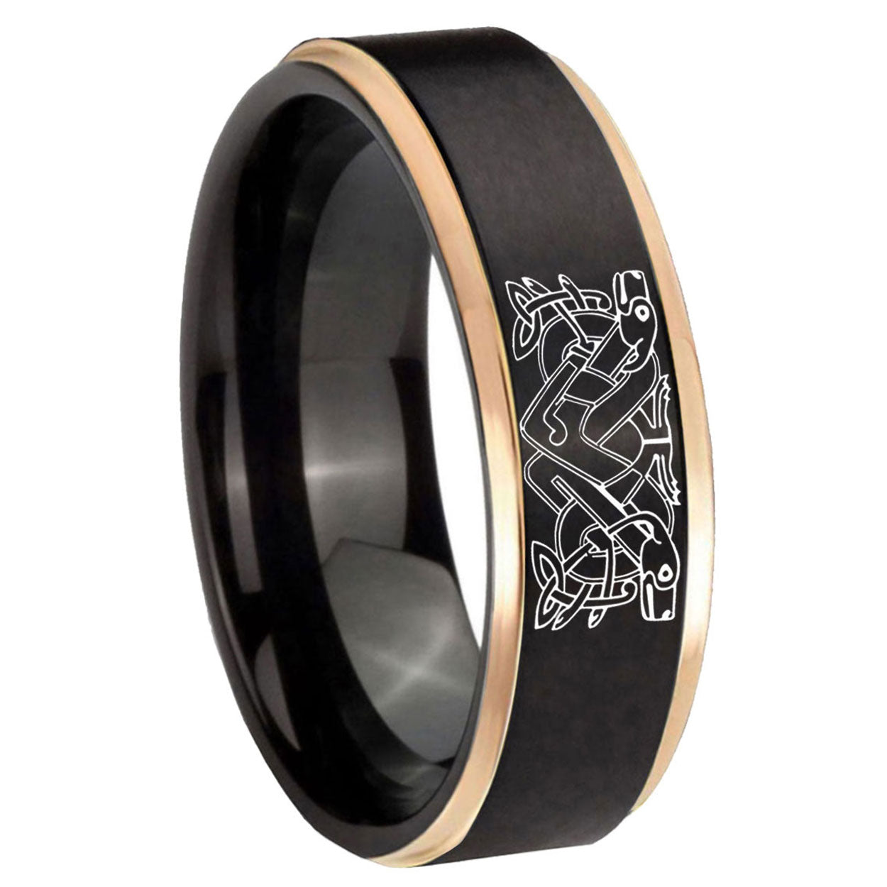 8mm Celtic Dog Rose Gold Step Edge Black Tungsten Mens Ring