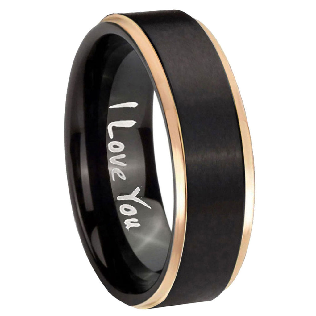 8mm I Love You Rose Gold Step Edge Black Tungsten Mens Ring