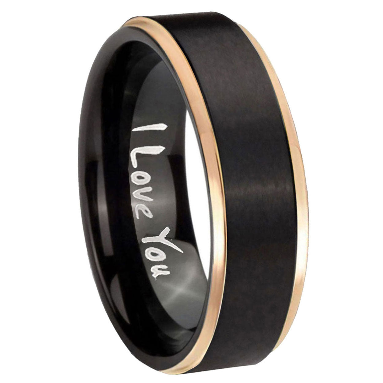8mm I Love You Rose Gold Step Edge Black Tungsten Mens Ring