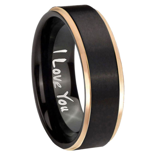 8mm I Love You Rose Gold Step Edge Black Tungsten Mens Ring