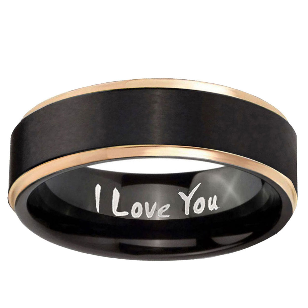 6mm I Love You Rose Gold Step Edge Black Tungsten Mens Ring
