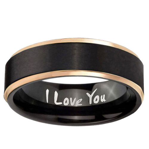 6mm I Love You Rose Gold Step Edge Black Tungsten Mens Ring