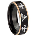 8mm Celtic Triangle Fleur-De-Lis Rose Gold Step Edge Black Tungsten Ring