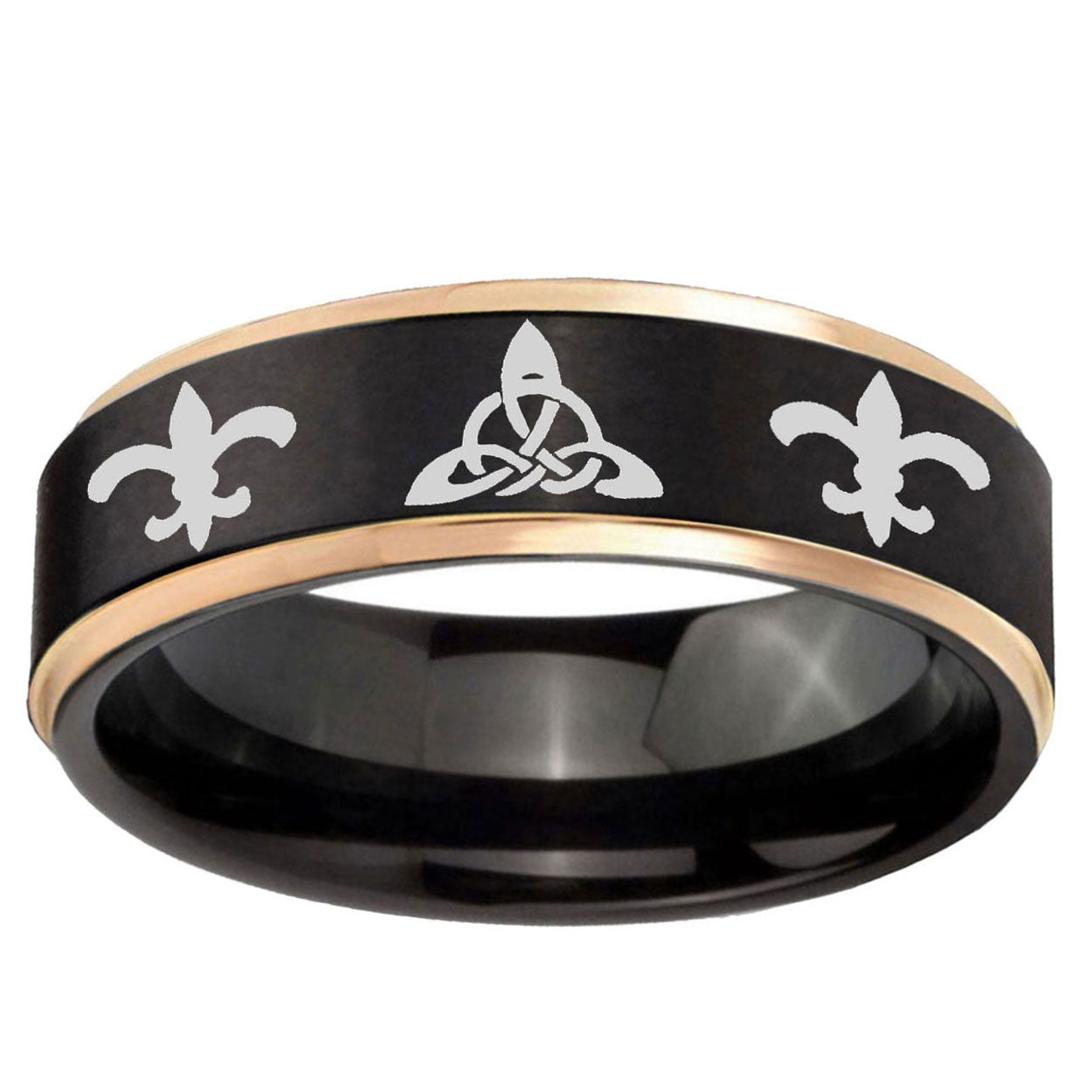 6mm Celtic Triangle Fleur-De-Lis Rose Gold Step Edge Black Tungsten Ring