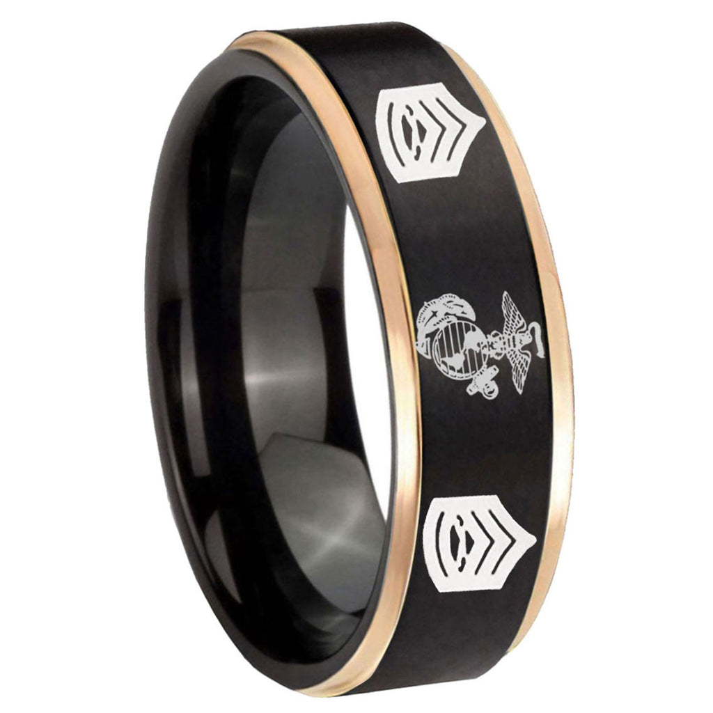 8mm Marine Army Sergeant Rose Gold Step Edge Black Tungsten Band