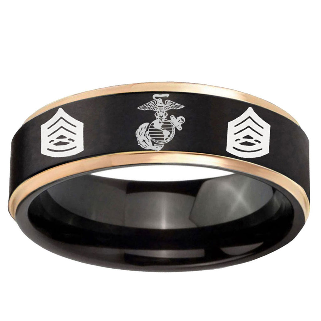 6mm Marine Army Sergeant Rose Gold Step Edge Black Tungsten Band