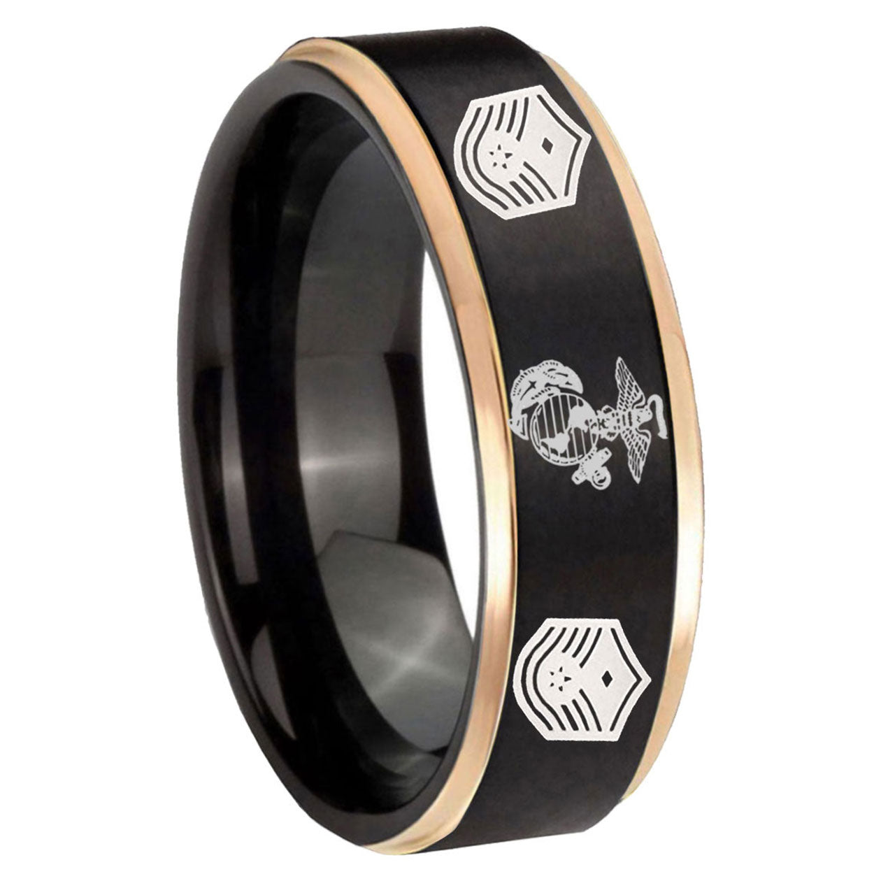 8mm Marine Chief Master Sergeant Rose Gold Step Edge Black Tungsten Band