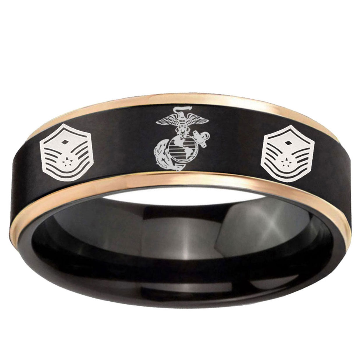 6mm Marine Chief Master Sergeant Rose Gold Step Edge Black Tungsten Band