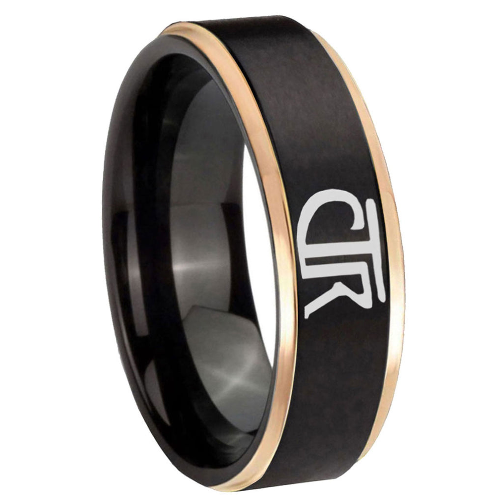 8mm CTR Rose Gold Step Edge Black Tungsten Engraved Ring