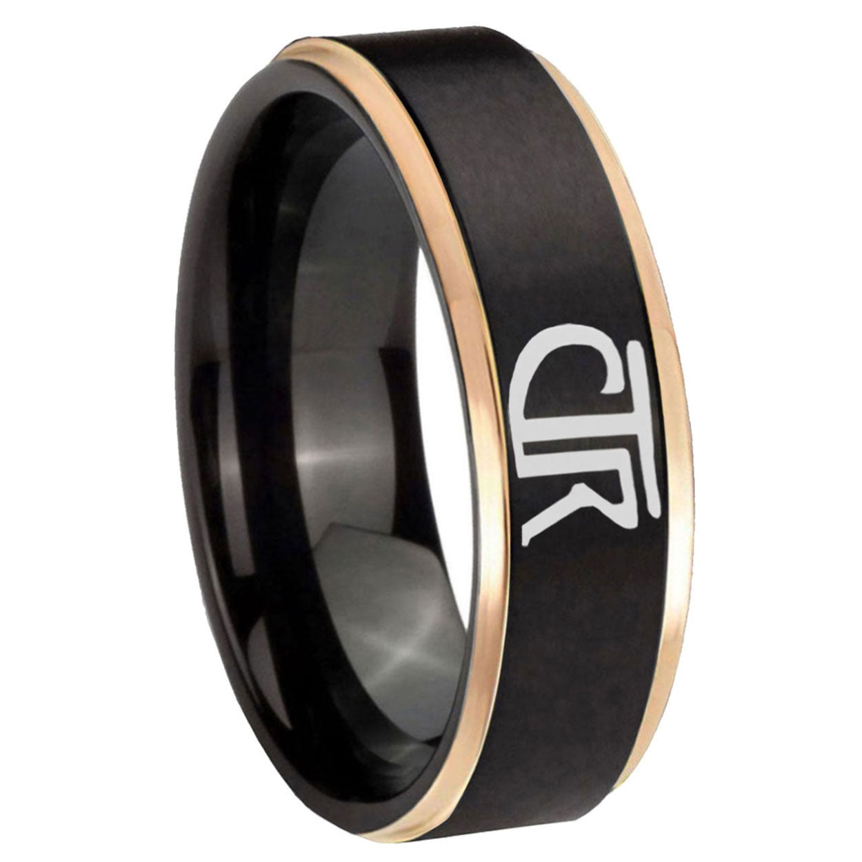 8mm CTR Rose Gold Step Edge Black Tungsten Engraved Ring