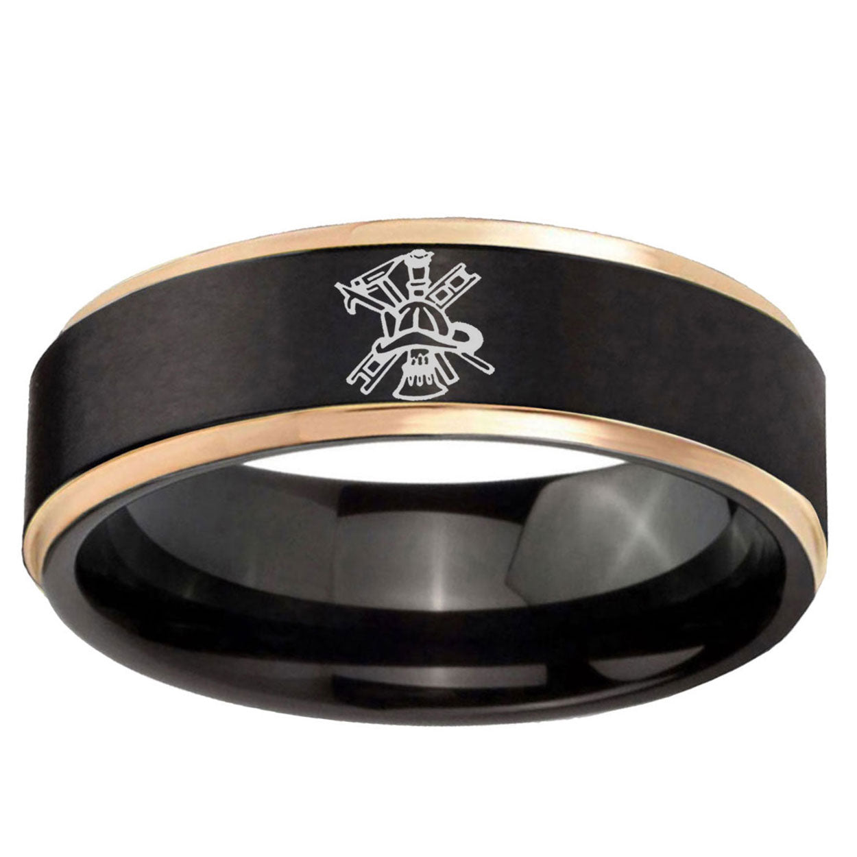 6mm Fireman Rose Gold Step Edge Black Tungsten Ring