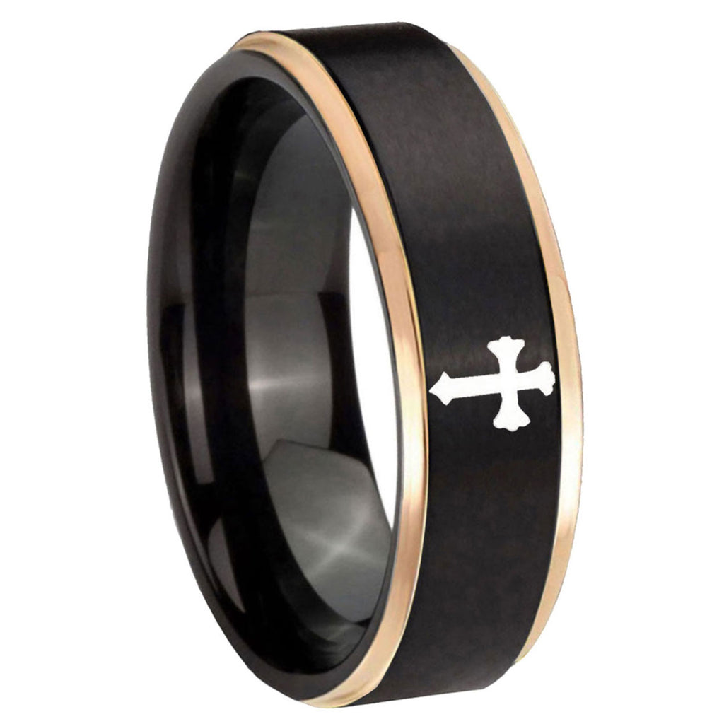 8mm Flat Christian Cross Rose Gold Step Edge Black Tungsten Ring
