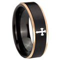 8mm Flat Christian Cross Rose Gold Step Edge Black Tungsten Ring