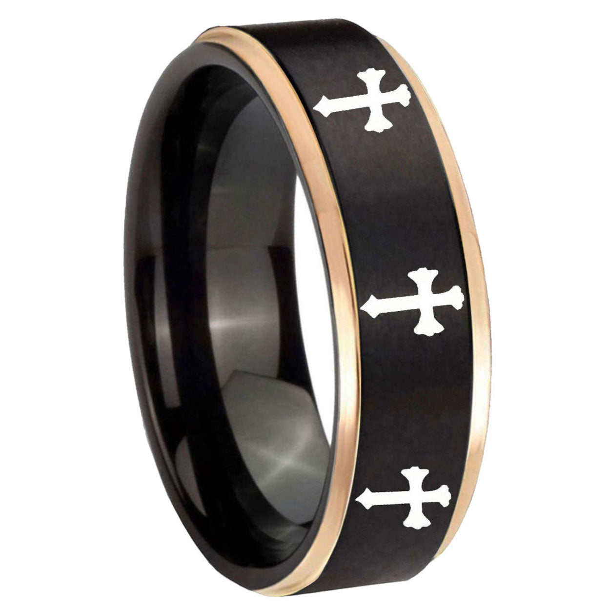 8mm Multiple Christian Cross Rose Gold Step Edge Black Tungsten Ring