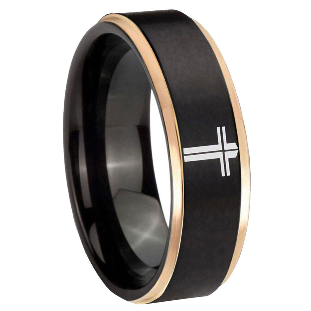 8mm Flat Christian Cross Rose Gold Step Edge Black Tungsten Ring