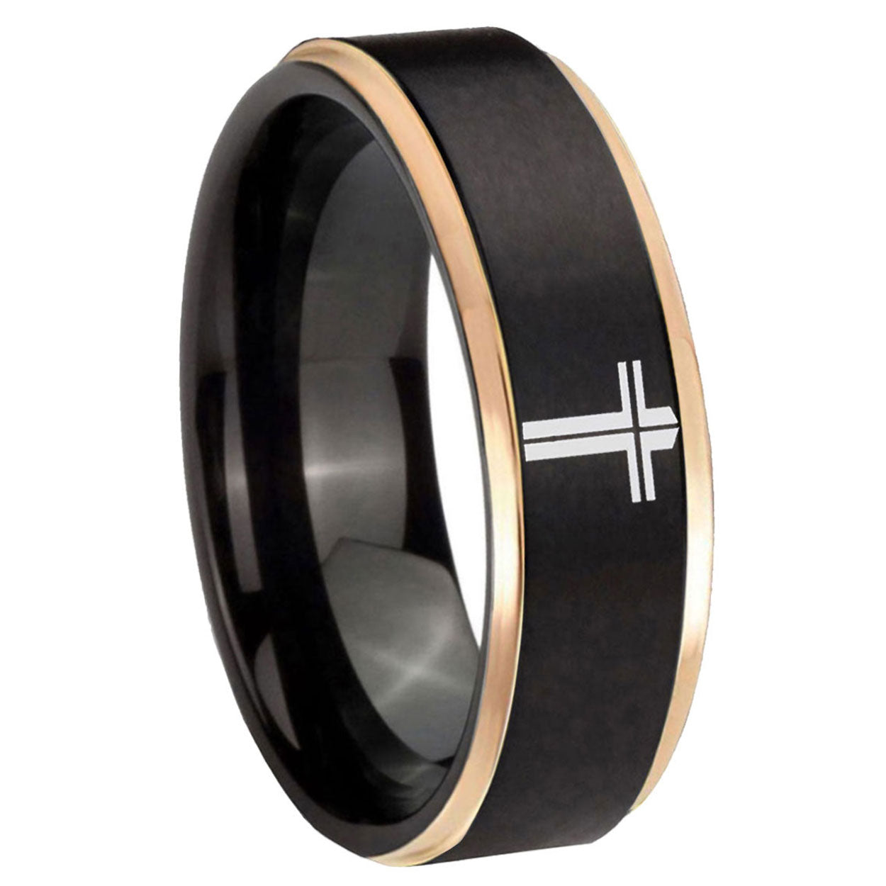 8mm Flat Christian Cross Rose Gold Step Edge Black Tungsten Ring