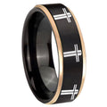 8mm Multiple Christian Cross Rose Gold Step Edge Black Tungsten Ring